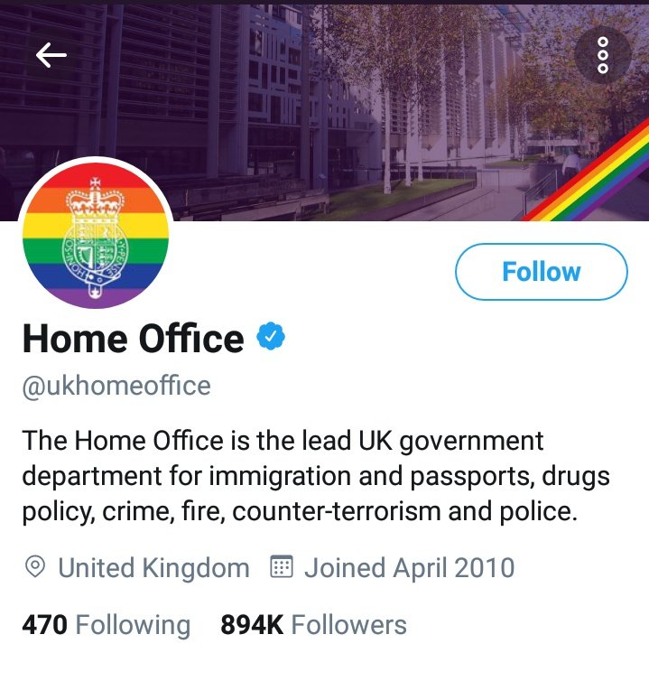 MediocreDave's tweet photo. The epitome of Pride Month bullshit is a rainbow flag on the header of the Home Office, an institution soaked through with the blood of LGBT+ people denied asylum and deported to precarious fates. https://t.co/IMVWVf2N0z