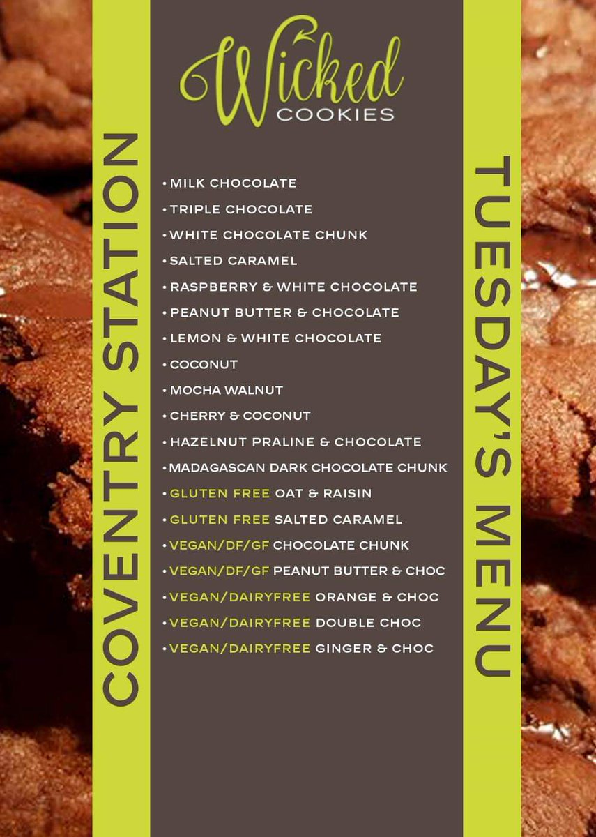 wickedcookiesuk's tweet photo. June Wicked #cookie dates &amp; locations and today's Tuesday #Coventry station #cookiemenu with 4 #glutenfree options, 5 #vegan #dairyfree and 2 #glutenfreedairyfree 😃🍪🤤 https://t.co/YFUouoYdA1