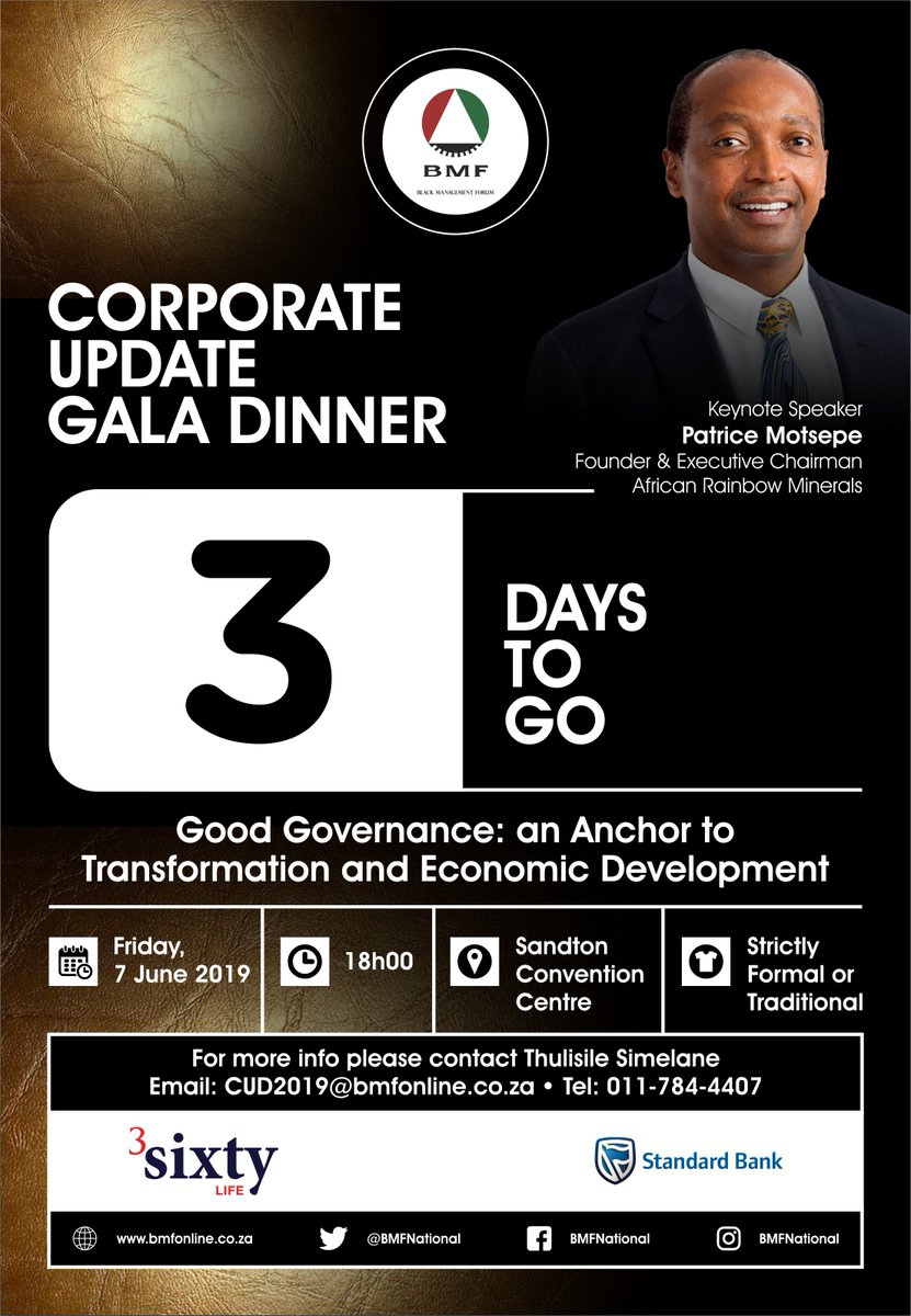 Just 3 days to go! Make sure you make all your bookings to Thulisile Simelane, Email: CUD2019@bmfonline.co.za or Call 011 784 4407.  See you on Friday!!! #CUD2019 #GalaDinner #BlackManagementForum #BlackExcellence