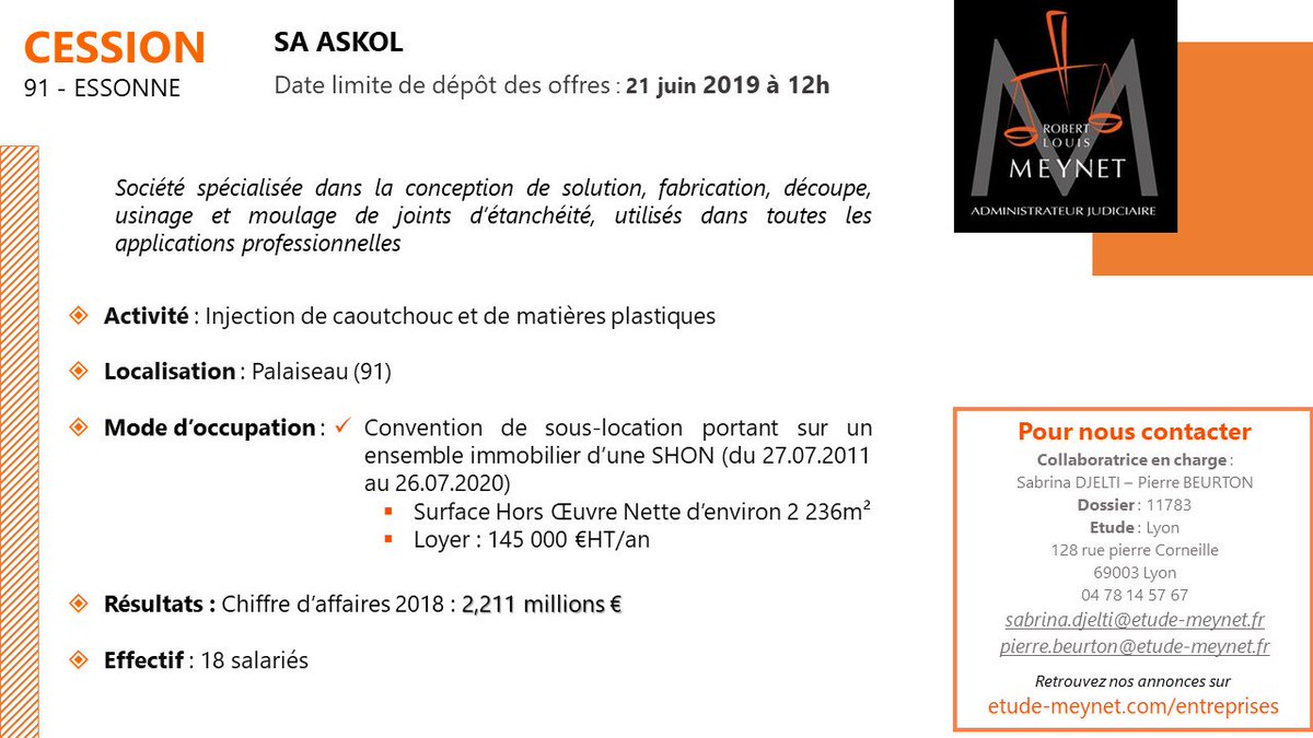 EtudeMeynet's tweet photo. #Cession Nous recherchons des repreneurs pour #ASKOL, entreprise spécialisée dans le #moulage de joints d'étanchéité à Palaiseau (91)
Date limite de dépôt des offres : le 21 juin 2019 à 12h
✉️ Merci de contacter Sabrina Djelti ou Pierre Beurton à l'étude de #Lyon https://t.co/vzyunAmLeH