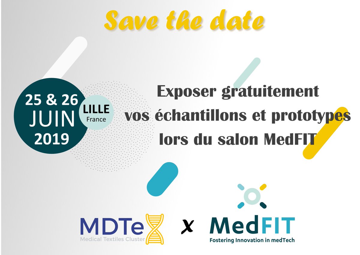 MDTex_EU's tweet photo. Le projet @InterregFWVL MDTex vous permet d'exposer gratuitement vos échantillons et prototypes lors du @MedFIT_event !

Pour plus d'informations, n'hésitez pas à 📧 sandrine.bayart@kuleuven.be

#savethedate #medfit2019 #medicaldevices #InnovationForEveryone #mdtex https://t.co/lXwo9Fkxur