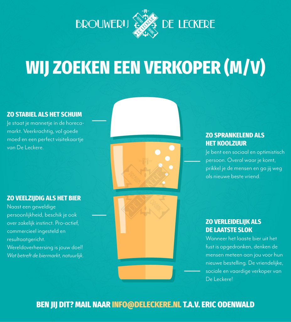 DeLeckere's tweet photo. Ben jij een liefhebber van speciaalbier, de slinger op elk feest én heb je commercieel talent? Dan zoeken wij jou!

Om deze bieren aan de mannen en vrouwen te brengen, zijn we op zoek naar een enthousiaste verkoper die samen met ons wilt groeien.

#deleckere #brouwerij #utrecht https://t.co/035qJ9B5si