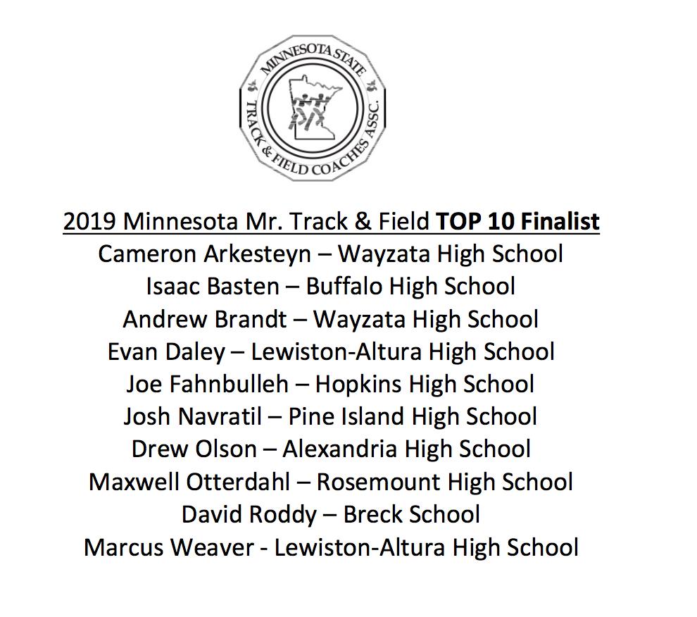 The TOP 10 FINALIST for 2019 Minnesota Mr. Track &amp; Field and Ms. Track &amp; field have been unveiled. Congratulations to all deserving selections. The final 3 will be announced on Thursday evening. 🔝🔟