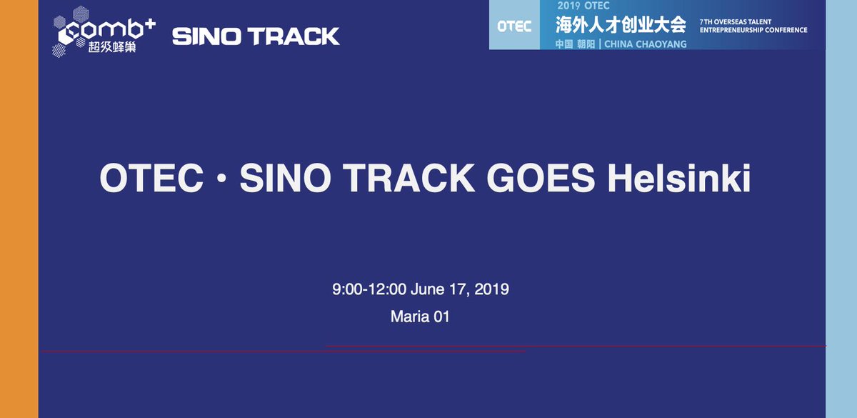 Welcome to join us for exciting #SinoTrack Pitching event on June 17 <a href="/MariaZeroOne/">Maria 01</a> . The event is hosted by COMB+&amp; OTEC, Please check it out！eventbrite.com/e/otec-sino-tr… @NewCoHelsinki <a href="/HBH_HQ/">The Homes By Holly Group</a> <a href="/Epicenter/">Epicenter</a> <a href="/FiBAN_org/">Go to FiBANorg</a> <a href="/agrid_aalto/">A Grid</a> #Startups #Arctic15 #COMBPLUS