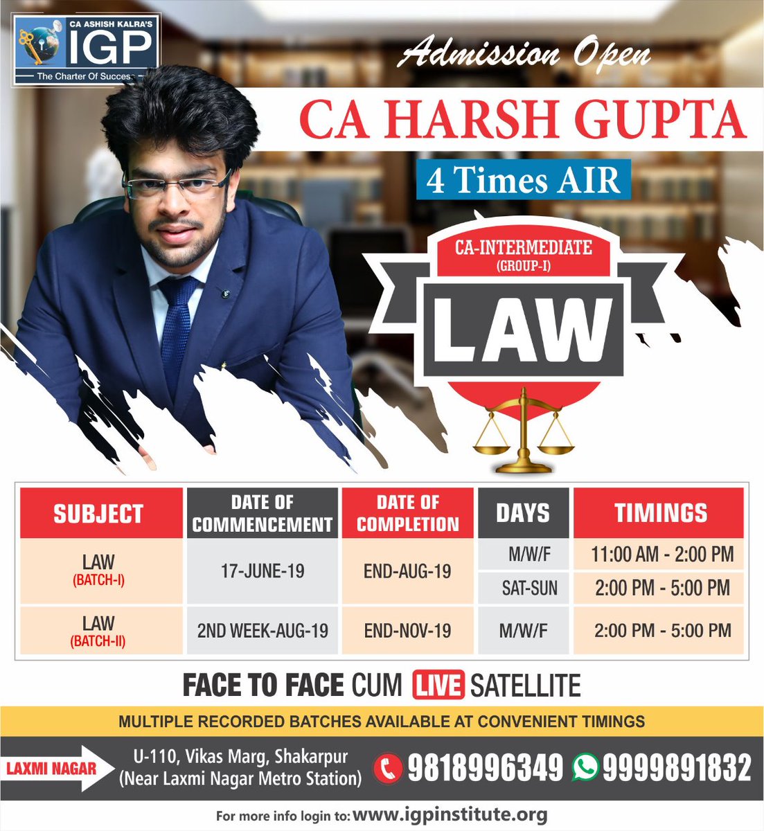 #CA_Inter (Group-1) #Law by #CA Harsh Gupta
📌Batches are Starting from 17th June 2019

Login- igpinstitute.org

#caintermediate #batchstarting #caharshgupta #hurryup #CAclasses #igpclasses #igpinstitute #ICAI #CA #CS #CMA #ECO #FM #SFM #IGP #admission #ICSI #caashishkalra