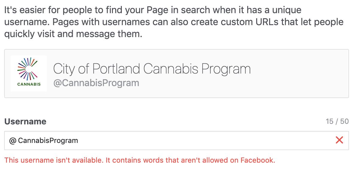 CannabisProgram's tweet photo. Sooo... we tried changing our username to make it easier to find us, and this is what Facebook said  #InOregonItsLegal #AndInLotsOfOtherStatesToo #WeAreLiterallyCalledTheCannabisProgram https://t.co/md0snNoWYS