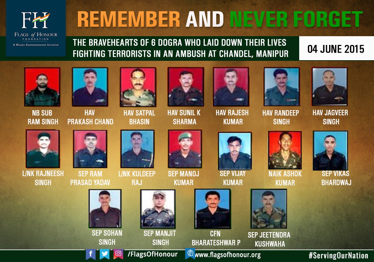 Guru_Burman's tweet photo. Don't forget supreme sacrifice of  On This Day 04 June in 2015 - EIGHTEEN #Bravehearts of 6 DOGRA laid down their lives fighting terrorists at Chandel, #Manipur  @adgpi 
जिसका बदला #IndianArmy नै #Myanmar कि सीमा मे घुस कर NSCN-K कै ठिकानौ तबाह किया था ।1st #sugicalstrike 🙏🇮🇳 https://t.co/BDy77EpKHq
