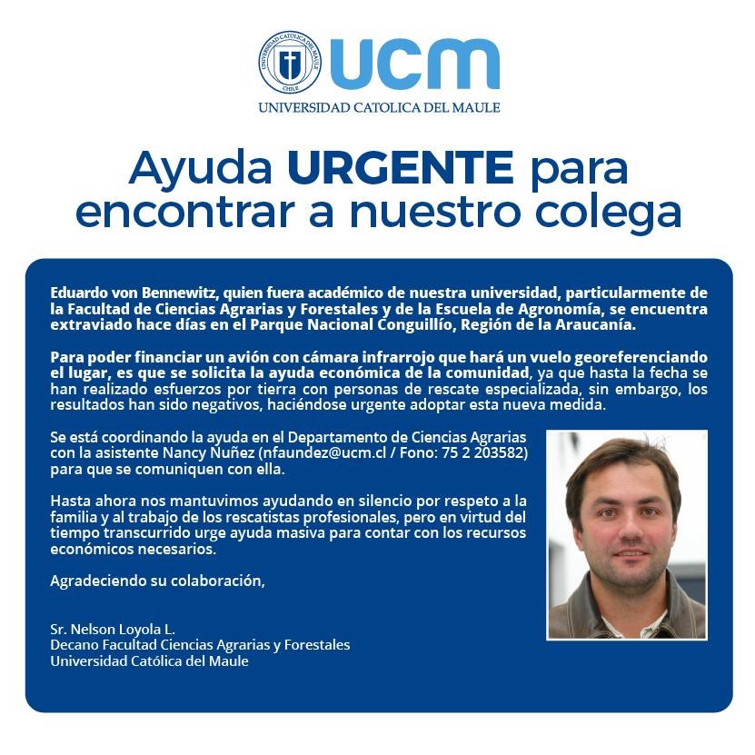 pkrohmer's tweet photo. A #EduardovonBennewitz lo están buscando por aire y tierra, voluntarios, @Ejercito_Chile, @Carabdechile, @onemichile y @conaf_minagri y hasta con un equipo de Perros. Todos firmemente comprometidos hasta que #Encuentrenalprofe Tú Familia y Amigo te esperamos #FuerzaHualo https://t.co/D1v0FEdMfA