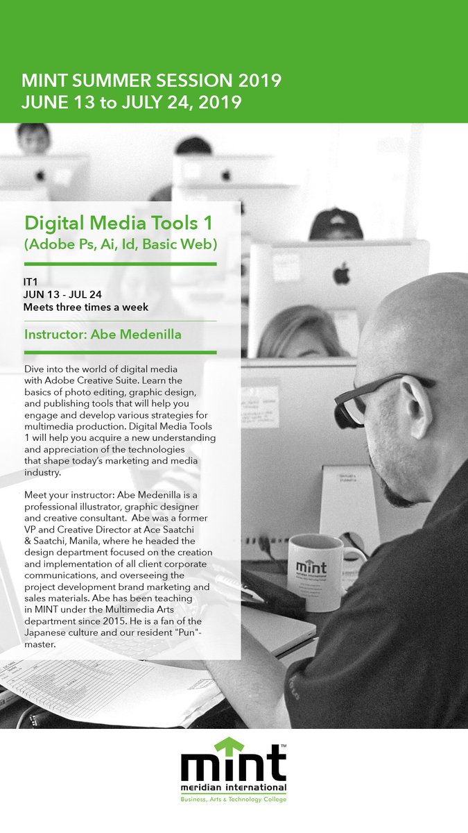 mintschool's tweet photo. #MINTSummerSession2019 will have #DigitalMediaTools1! Learn to navigate your way through Adobe Creative Suite, as graphic designer/illustrator Mr. Abe Medenilla teaches how to use the available digital tools for creation&design.
Starts June 13! Sign-up's until June 10. #JoinNow! https://t.co/il9BVoJkhr