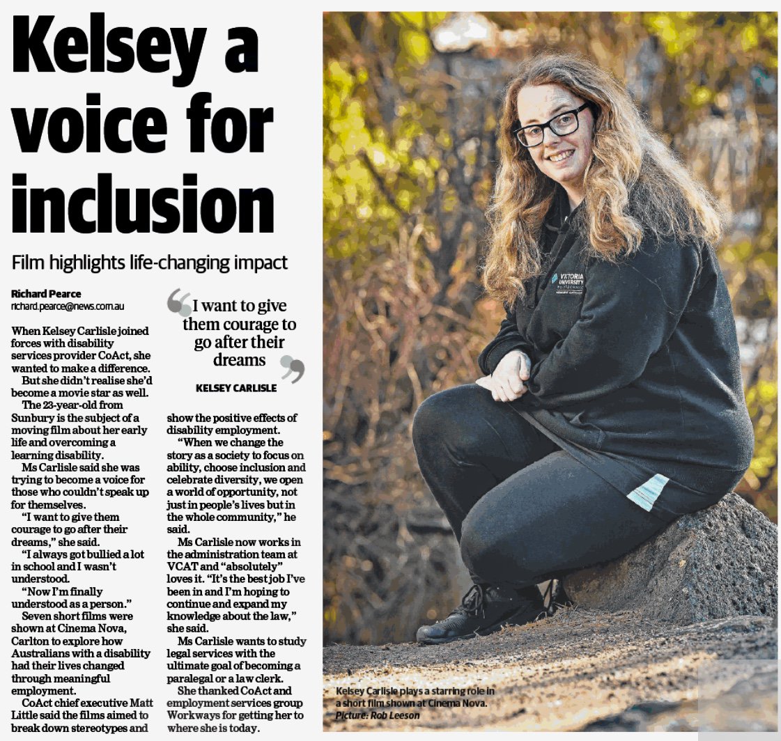 One of our short film stars in the <a href="/SunburyLeader/">Sunbury Leader</a> today 'Kelsey a voice for inclusion: Film highlights life-changing impact' 🙌<a href="/WorkwaysAust/">Workways Australia</a> #ChangeTheStory #disability #employment #inclusion #diversity #Sunbury #Melbourne <a href="/kelseytcarlisle/">Kels (Ariana’s Version)</a> <a href="/cinemanova/">Cinema Nova</a>