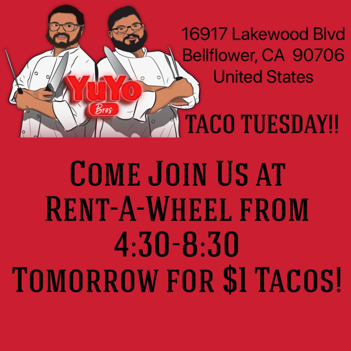 YuYoBros's tweet photo. Come try out YuYo Bros tomorrow for #TacoTuesday $1 Tacos from 4:30-8:30 PM #YuYoBros https://t.co/GFxazZk5CX