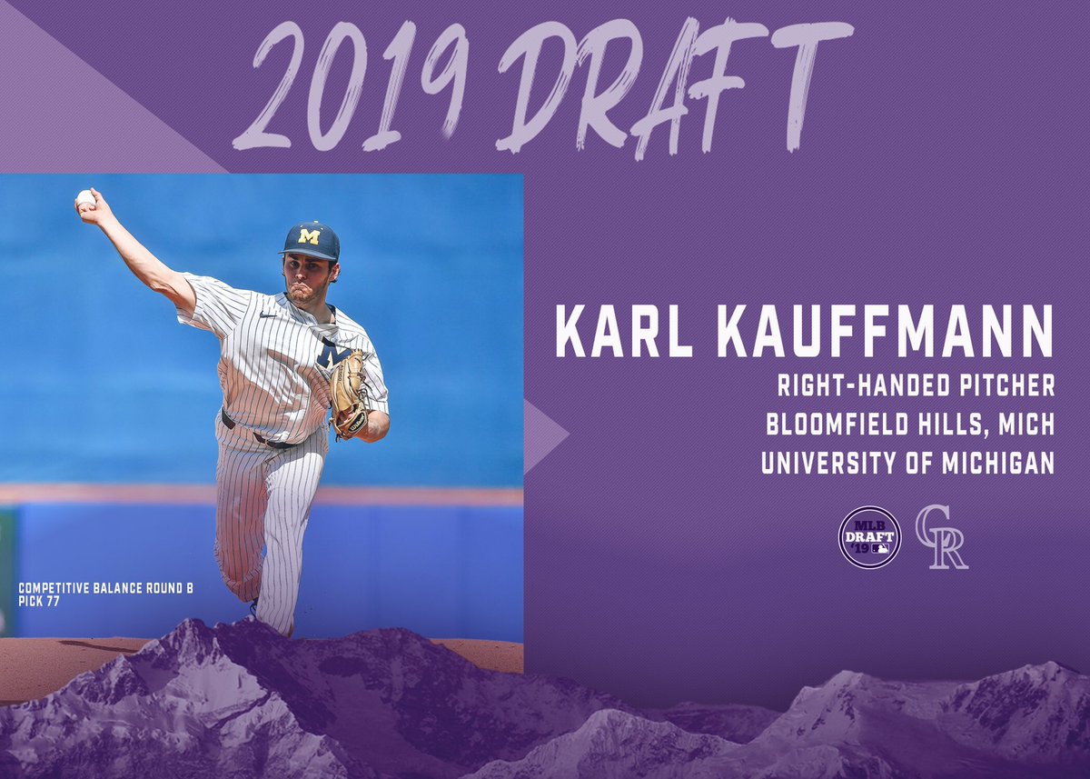 In the Competitive Balance Round B of the 2019 #MLBDraft, the Colorado #Rockies have selected RHP Karl Kauffmann from the University of Michigan.