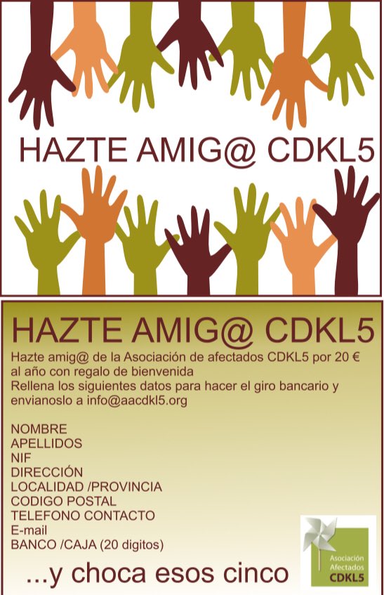 cdkl5spain's tweet photo. ¿QUIERES SER AMIGO CDKL5 COLABORADOR? Con tu aportación nos ayudarás a difundir este síndrome tan raro, a su investigación y a la mejora de la calidad de nuestr@s chic@s. Para ello solo debes seguir las instrucciones que se adjuntan. GRACIAS DE ANTEMANO https://t.co/YRfUAUcY6Y