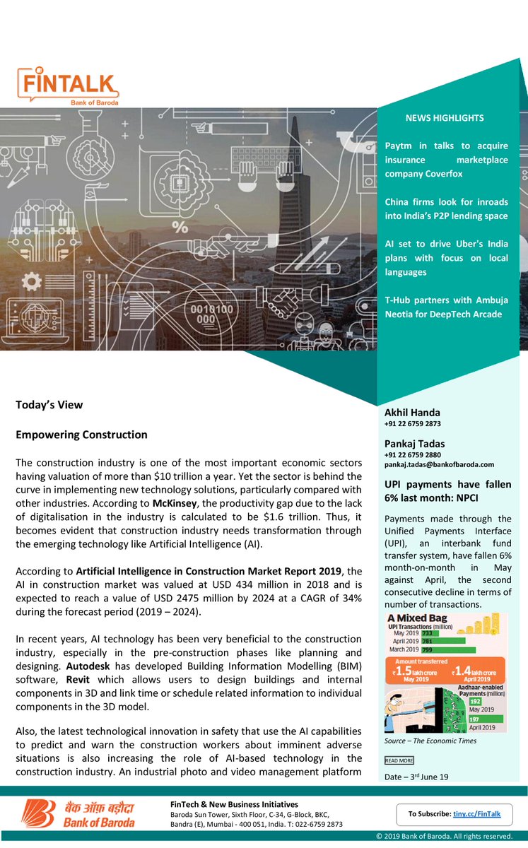 bankofbaroda's tweet photo. Read more about 'Empowering Construction', in today's 'Fintalk', our daily Fintech newsletter!

Subscribe here to get more such #Fintech updates:
https://t.co/Pvs1VP7CXy  

#McKinsey   #Autodesk   #Revit   #Smartvid.io   #NVIDIA   #Komatsu   #Doxel https://t.co/ZgNUAlhQKX