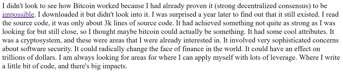 4/ But even among the cohort of cryptographers and cypherpunks primed to understand  #Bitcoin  , some of the most brilliant required multiple touchpoints before being convinced that Satoshi was onto something. Consider the words of Core developer Gregory Maxwell: