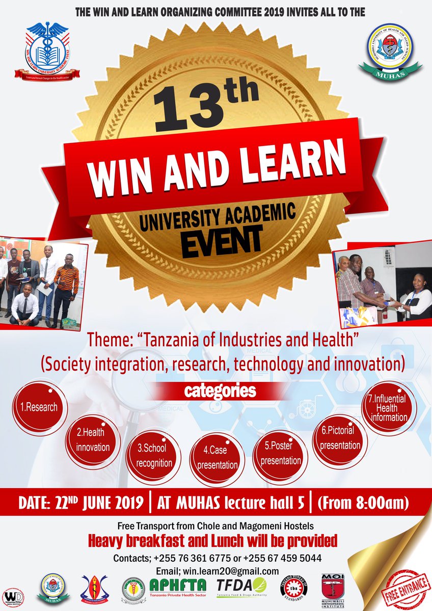 WINANDLEARN1's tweet photo. The 13th Win and Learn University Academic Event is here🔥🔥🔥! Sat 22nd June 2019 @muhimbiliuniver @TamsaMuhas @muhasso1 @tamsatanzania @furia_francis @mamcmloganzila @Muhimbili1 @MuhimbiliOrtho1 @umwalimu @costechTANZANIA @aphfta1 https://t.co/9G32egAVWg