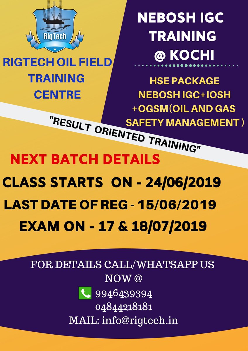 rigtech_courses's tweet photo. RigTech 56th batch NEBOSH IGC  Registration going on................For more details call/whatsapp  us now.................... https://t.co/kXsaj57Uaw
