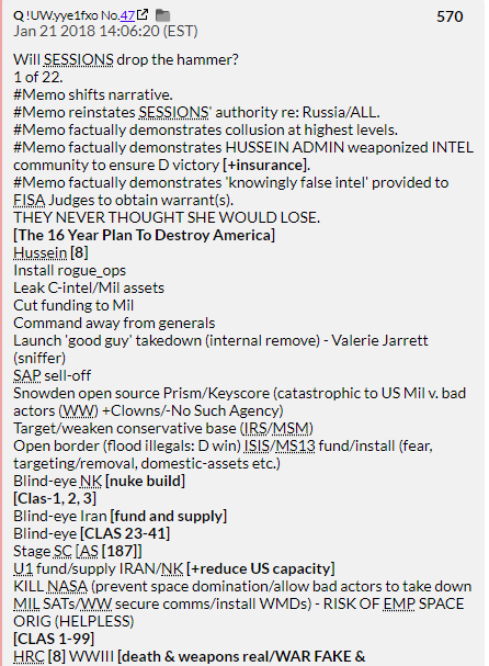 14. QDrop 570 states the Nunes Memo will allow Sessions to seize control of the Russia investigation, prove FISA corruption by Obama, and 'collusion' by 'the highest levels' The Nunes Memo is nonsense that is laughed at as soon as it's released.