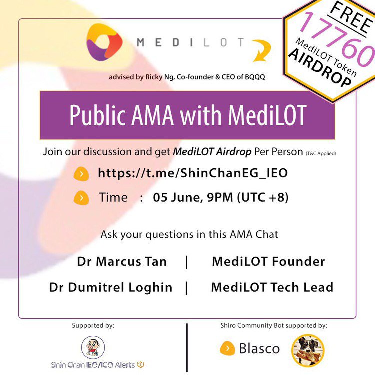 MediLotOfficial's tweet photo. Dear Followers of MediLOT,

We are excited to announce that we will be co-hosting an AMA Session with Shin Chan, this coming Wednesday 5/6 at 9pm (UTC+8). It will be held at Shin Chan’s community channel: https://t.co/6Es4gTHdc4

See you there! https://t.co/cPSd1jrRFK