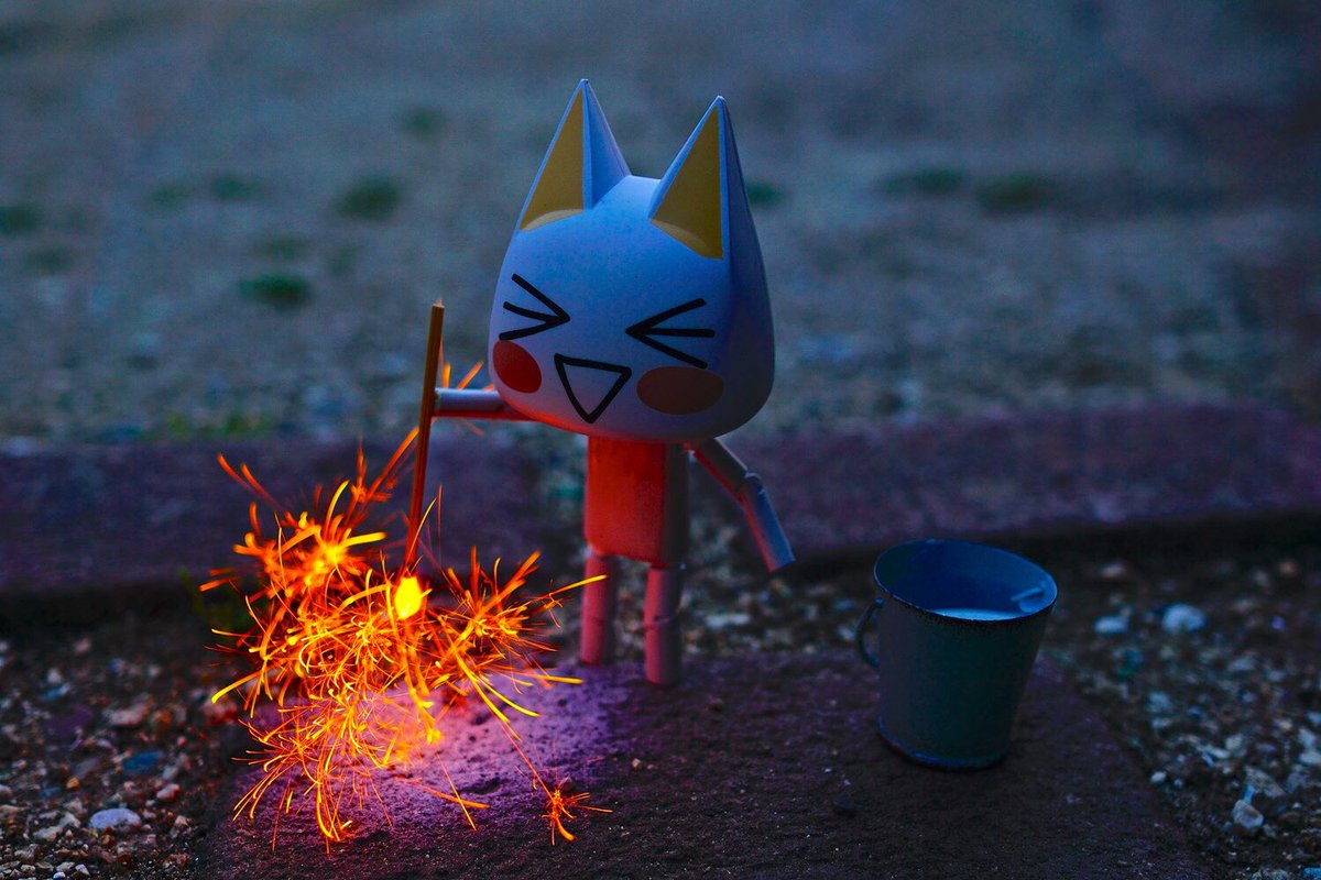 じゅんじゅん 花火したニャ 楽しかったニャ どこでもいっしょ トロ 井上トロ Sonycat ぬい撮り 線香花火 Sony A6000 トロ好きさんとつながりたい 光画部 ミラーレス 白猫 どこいつ周年 花火をするときはバケツに水ニャ トロとのお約束ニャ