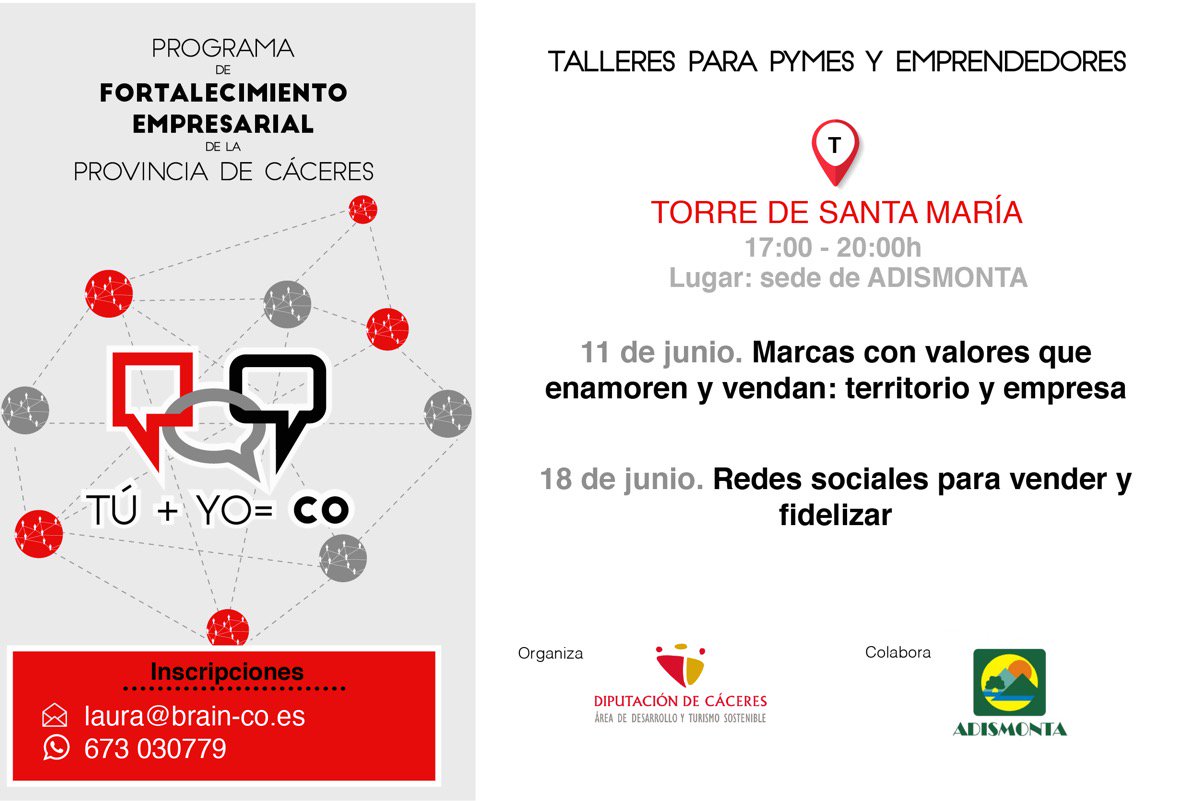 MancoMontanchez's tweet photo. La Diputación de Cáceres y ADISMOMTA, organizan talleres para el “Fortalecimiento Empresarial”. 
“Marcas con valores que enamoren y vendan: territorio y empresa” 11 de junio 17:00 - 20:00 h Torre de Santa María.
“Redes sociales para vender y fidelizar” 18 de junio 17:00 - 20:00h. https://t.co/Sk4gnnsvqV