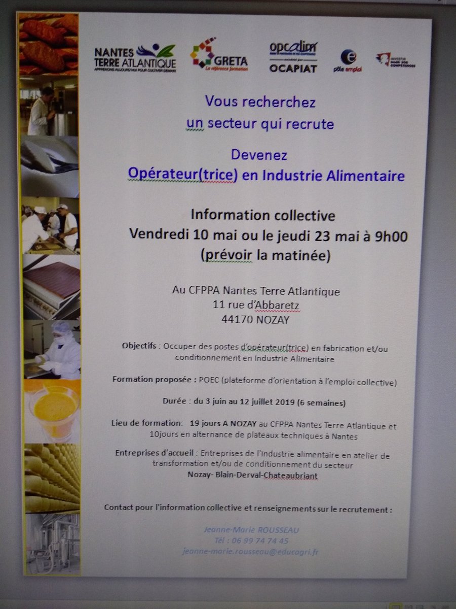 3juin:début de la poec agent de fabrication en agro alimentaire a nozay.10 stagiaires pour des recrutement mi juillet  a la clé grâce a un job dating avec 4 entreprises du secteur.une belle collaboration  :#blain @poleemploi_PDL #VersUnMétier @cfppanantesterreatlantique
