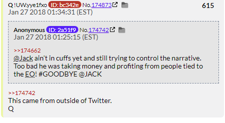 16. QDrop 598 and 615 say Jack Dorsey is in a world of hurt. He's still running Twitter and remains a free man in spite of Joe M and Q's protests.