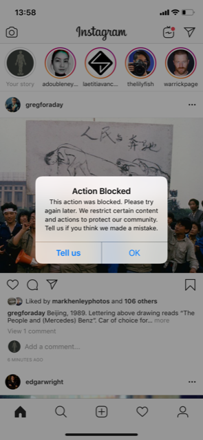 adamjdean's tweet photo. I’m in Laos, a close ally of China, &amp; whenever I “Like” a post on @instagram related to Tiananmen Square it comes up with a message saying “Action Blocked”. When I switch on my VPN it allow me to “Like” the images. I wonder if China provides internet infrastructure to Laos. https://t.co/vCsRafkDpf