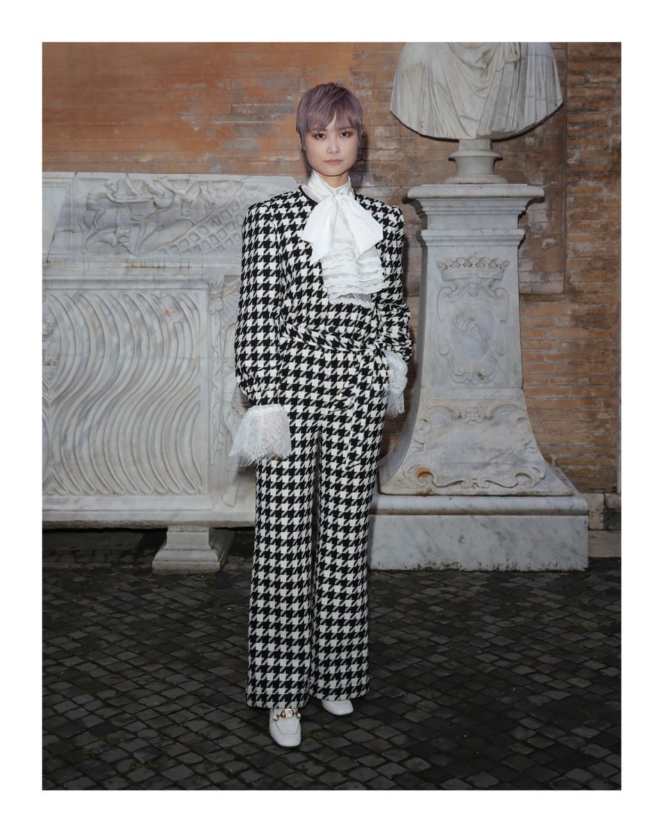 #ChrisLee attended the #GucciCruise20 show at Rome’s Capitoline Museums @museiincomune wearing a houndstooth jumpsuit with a lace shirt and leather mid-heel loafers from #GucciFW19 by #AlessandroMichele. #MuseiCapitolini