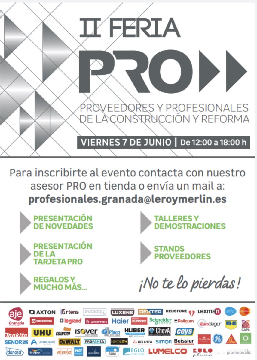 El próximo Viernes estaremos en la feria de la construcción colaborando con Leroy Merlin Granada. Por la compra de tus productos Sika tendrás un regalo seguro. Pásate por nuestro stand 🙃