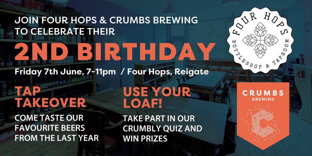 Four Hops (@hopsfour) on Twitter photo Come join us this Friday to celebrate our 2nd birthday with the lovely <a href="/CrumbsBrewing/">Crumbs Brewing</a>. There’ll be plenty of beery fun, a quiz with prizes, cake, plus chilli eggs and sausage rolls....! 🌶️🥚🎂🍻🎶 #birthday #terribletwos #Reigate #Redhill #craftbeer Come join us this Friday to celebrate our 2nd birthday with the lovely <a href="/CrumbsBrewing/">Crumbs Brewing</a>. There’ll be plenty of beery fun, a quiz with prizes, cake, plus chilli eggs and sausage rolls....! 🌶️🥚🎂🍻🎶 #birthday #terribletwos #Reigate #Redhill #craftbeer