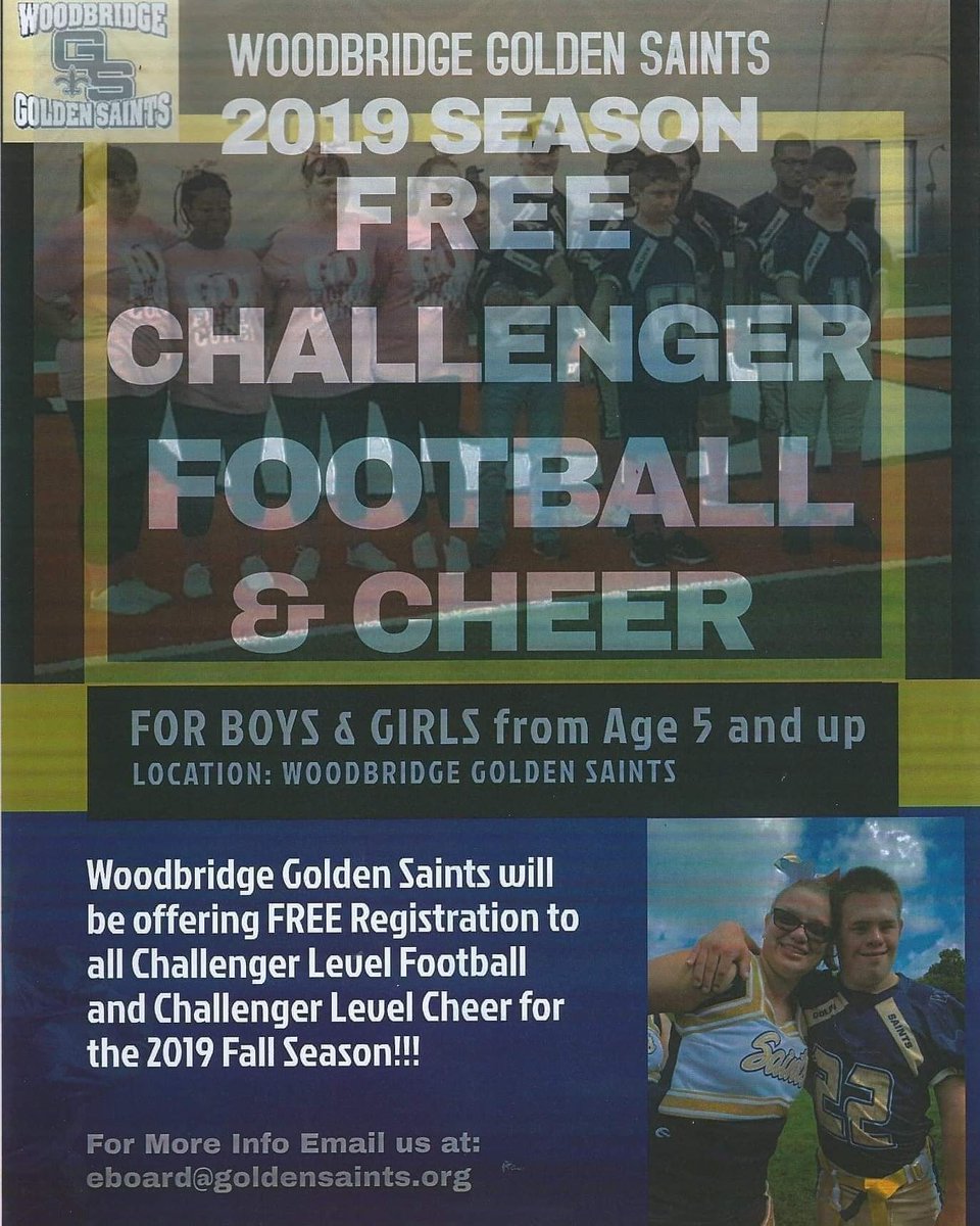 WGSaints's tweet photo. Did you know The Woodbridge Golden Saints has a Challenger Cheer &amp; Football Program!

 Children with special needs are more than welcome to come and join our growing family!
For more information email us at eboard@goldensaints.org https://t.co/8qsH2zdJLF