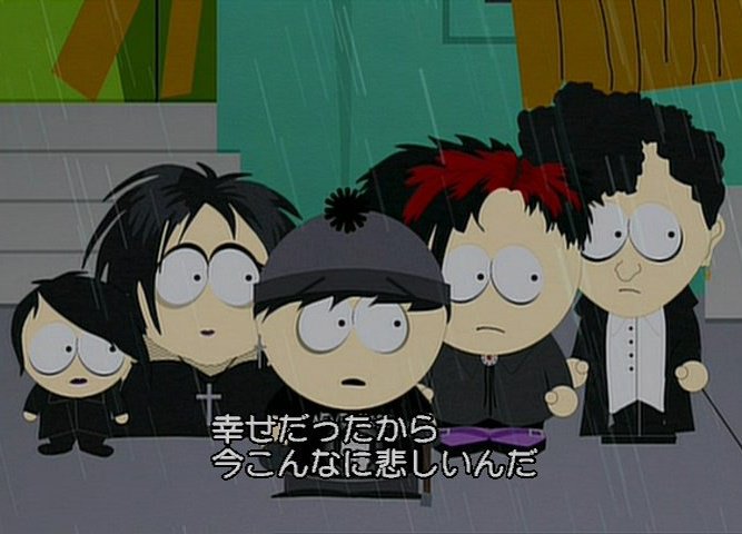 softMohican87's tweet photo. エピソード『The Simpsons Already Did It』。ガールフレンドに振られたショックでゴスグループに加入したスタンだったが、同じく失恋したバターズの前向きな発言を聞いて立ち直る。人生について教えてくれるアニメ、サウスパーク。
#アニメ #サウスパーク　#スタン・マーシュ #バターズ・ストッチ https://t.co/SCc4WHRMln