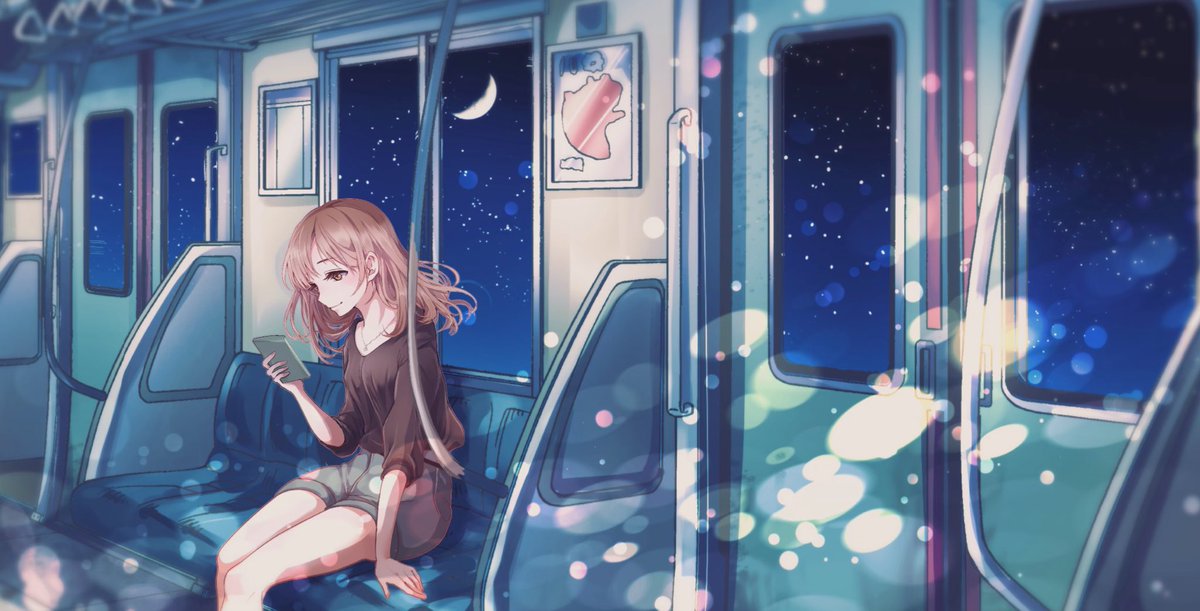 1girl shorts solo sitting train interior phone night  illustration images