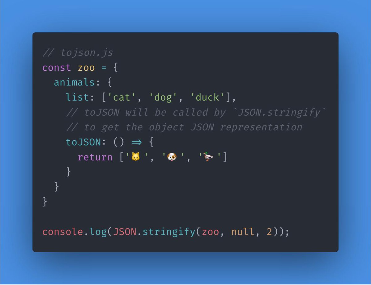 stefanjudis's tweet image. TIL: `JSON.stringify` not only accepts a replacer function as 2nd argument but also takes a `toJSON` method of the objects to serialize into consideration. #javascript