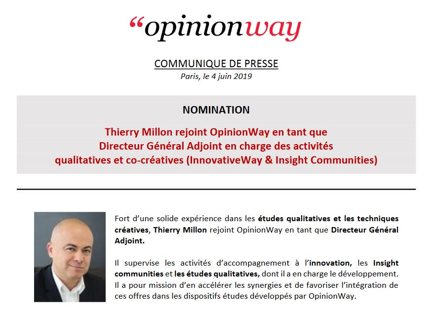 opinionway's tweet photo. #communiquédepresse NOMINATION : Thierry MILLON rejoint @opinionway en tant que Directeur Général Adjoint en charge des activités qualitatives et co-créatives ( #InnovativeWay & Insight Communities) https://t.co/jatp1A1W14 #CP #nomination #DGA #opinionway #communautés https://t.co/PrIvu9k2F2