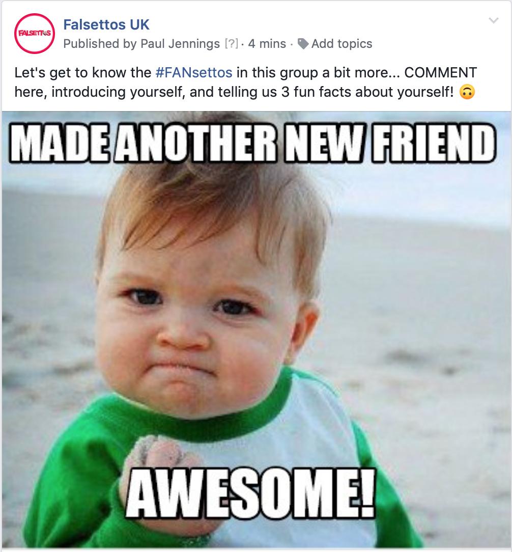 UKfalsettos's tweet image. We're making new friends over on Facebook, come join in the fun in the #FANsettos Group. Head to the link 👉 bit.ly/FANsettosGroup