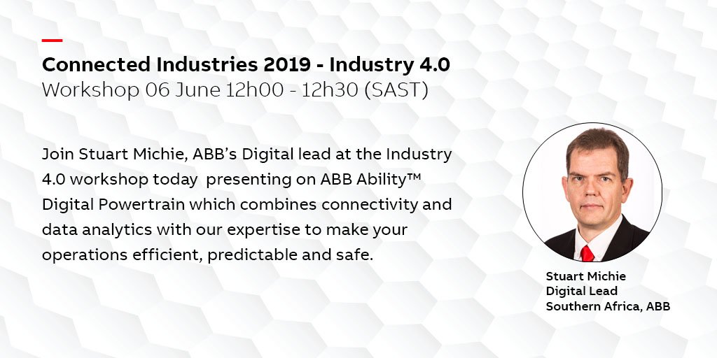 ABBSouthAfrica's tweet photo. #ABB’s Digital lead, @digisdm will present at 12h00 today at the Connected Industries - Industry 4.0 workshop Ticketpro Dome, JHB. Join to find out more about the ABB Ability™ Digital Powertrain https://t.co/ND6Ebmba4L