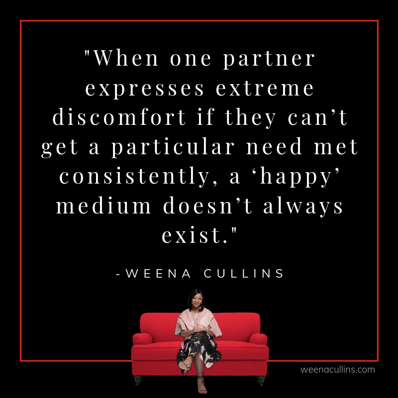 weenacullins's tweet photo. "When one partner expresses extreme discomfort if they can't get a particular need met consistently, a 'happy' medium doesn't always exist." #yourrelationshipguide #relationshipgoals #weenacullins #medium #relationships #dctherapist #therapyforblackcouples #therapyforblackgirls https://t.co/YLHVfrP68e