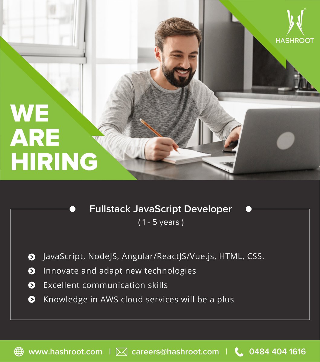 hashroot's tweet image. We are hiring #FullstackJavaScriptDeveloper with 1-5 years of experience in
#JavaScript, #NodeJS, #Angular / #ReactJS / #vuejs, #HTML, #CSS
Knowledge in #AWScloudservices will be a plus.
Interested candidates can send their updated resume to careers@hashroot.com
#hiring