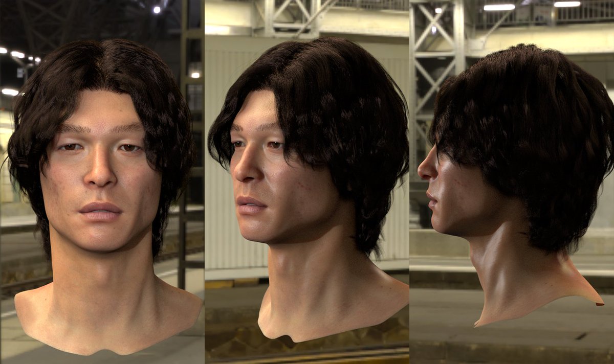 ツークン研究所 各三体の髪 睫毛 眉毛をonatrixで制作しv Rayでレンダリングしました 塩顔は無造作なヘアスタイル 特徴的な男性は天然パーマで剛毛 老年化は白髪交じりの髪の毛 髭 睫毛 眉毛を制作