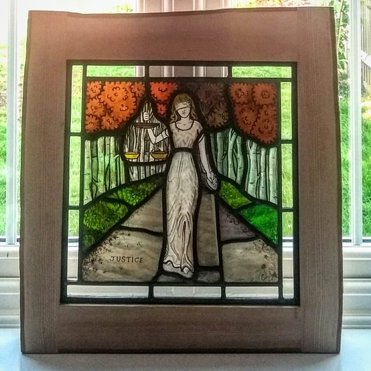Fortitude and Justice: two virtues for an exhibition of new stained glass inspired by Edward Burne-Jones at The Grange Gallery, Rottingdean, Sussex opening today until 16th June #stainedglass #artsandcrafts #preraphaelite #burnejones #landscape #virtue #handmadeintheuk