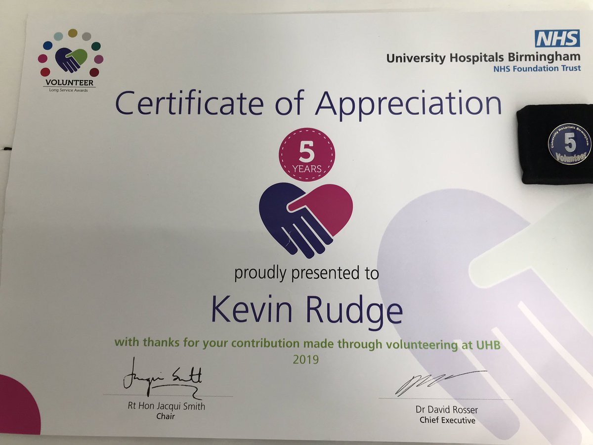 Proud to receive my Certificate and badge for 5 years of Volunteering for University Hospitals Birmingham. I currently Chair the Patient Carer & Community Council meetings at Solihull Hospital 👍. #solihullhospital