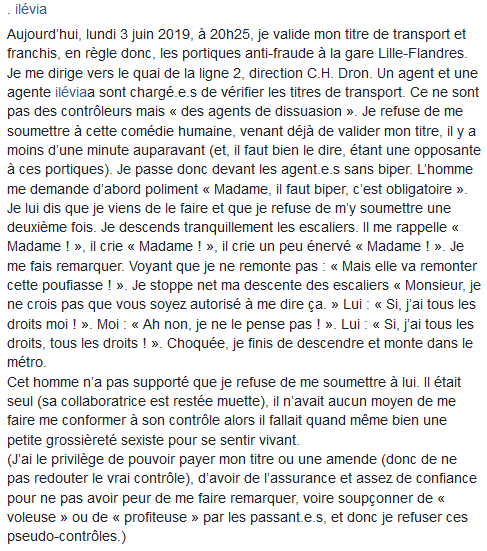 LaProf_'s tweet photo. Témoignage d'une amie confrontée à un agent sexiste lors d'un contrôle de métro, hier, à Lille. Comme elle n'a pas Twitter elle a accepté que je le relaie ici.
#Transpole @ilevia_metro https://t.co/Kuna0PKcMV