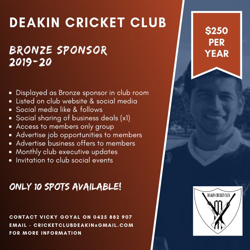 #DeakinBronzeSponsor #BronzeSponsor

As we work towards cricket season 2019-20, we look for support from our local community in form of sponsorship's. Visit bit.ly/DCCSponsorship… for detailed sponsorship document.

#SponsorUs #SponsorDeakinCC #SponsorNeeded