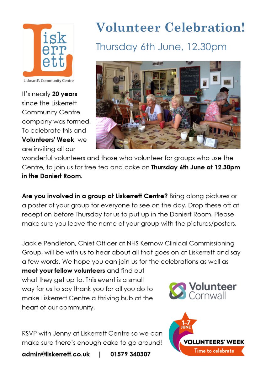 Are you a volunteer at @liskerrett in #Liskeard? Join us for a double whammy celebration - #VolunteersWeek AND Liskerrett Centre's 20th birthday! Come along this Thursday (6th June) at 12.30pm. And yes, there will be cake! @volcornwall @VolunteersWeek #VolunteeringRocks