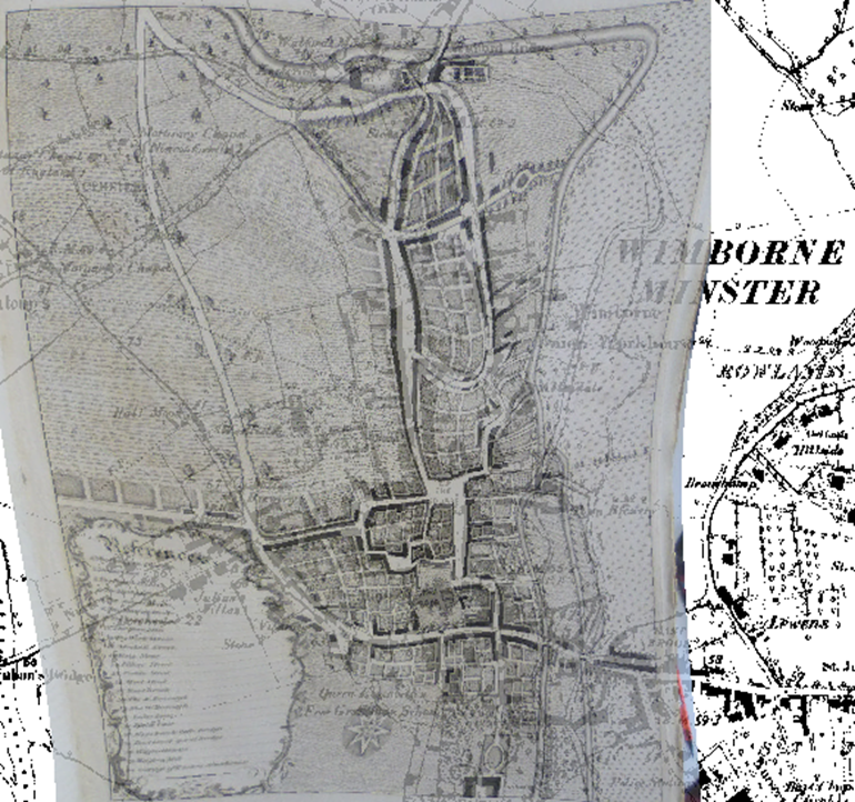 I love this elegant 1815  #map of  #Wimborne Minster,  #Dorset. But it represents something of a classicising, idealising fiction - the town neatened into orderly streets and parkland. Look what happens when it's georectified...  @DorsetArchives  @priestshouse  @VCH_London (thread)