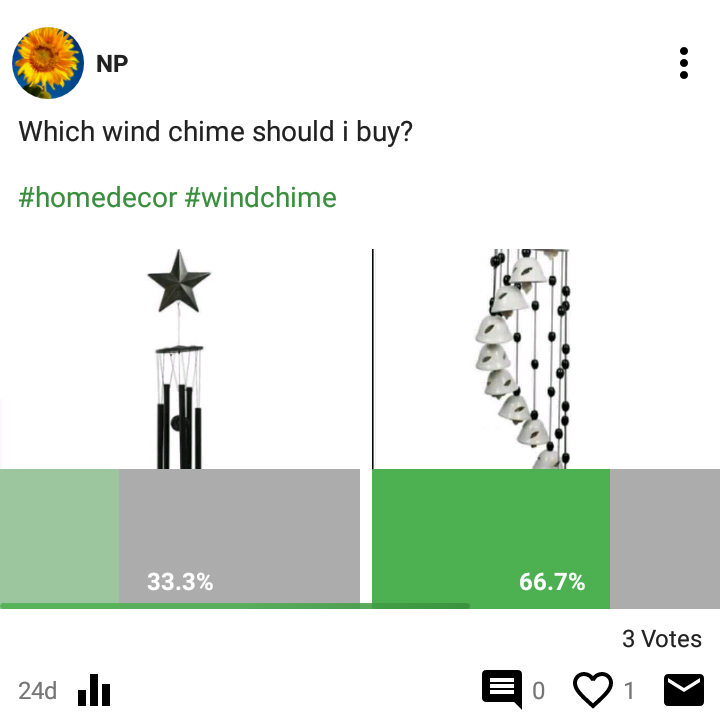 pollview's tweet photo. Create polls on anything you wish to get opinion or genuine votes 😊😊😊

#pollviewapp #funapp #earnfromapp #pollview #home #homesdecor #windchime https://t.co/lyKTqoclVH