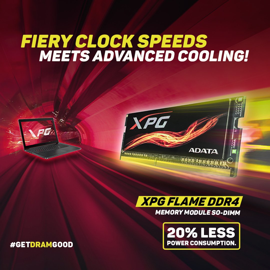 ADATATechnology's tweet photo. Looking to boost your gaming laptop with #overclocking RAM? #getDRAMgood with the #ADATA #XPG #Flame SO-DIMM memory modules for an instant #DDR4 upgrade. Supporting Intel XMP 2.0 and with advanced cooling, it overclocks superbly at just 1.2V with a 20% reduction in power draw. https://t.co/SvOX05wEE5