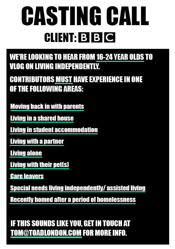 BBC CASTING CALL: We're on the lookout for 16-24 year olds who can give tips &amp; tricks on living independently. DM us or send an email to the below address if this sounds like you!